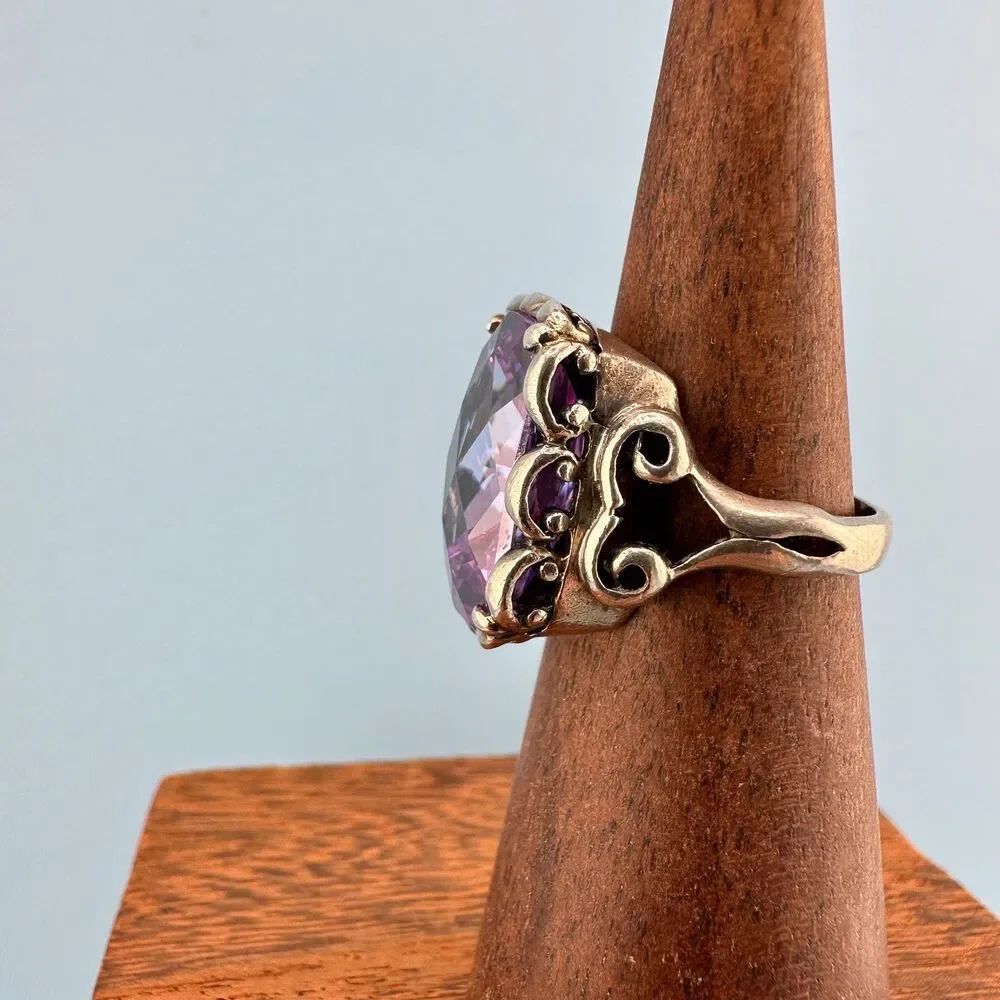 Vintage Sterling Silver Purple Stone Ring Simulated Spinel Large Faceted 6.5